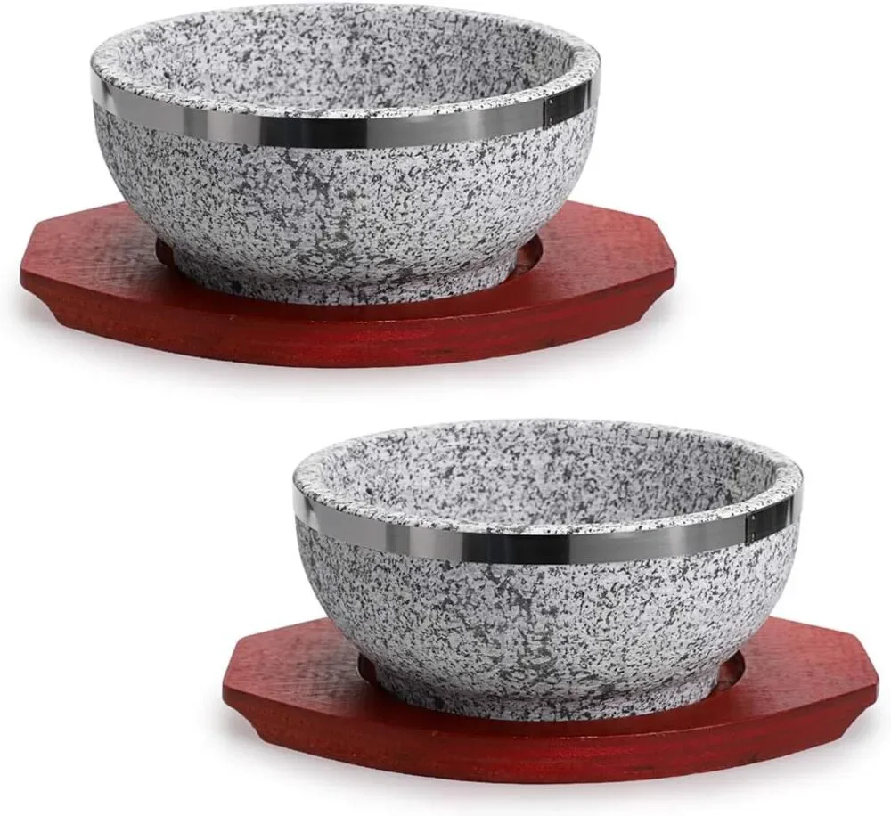 2 Pcs Dolsot Bibimbap Bowl 32 Oz, Granite Stone with Wood Base, Soup, Rice